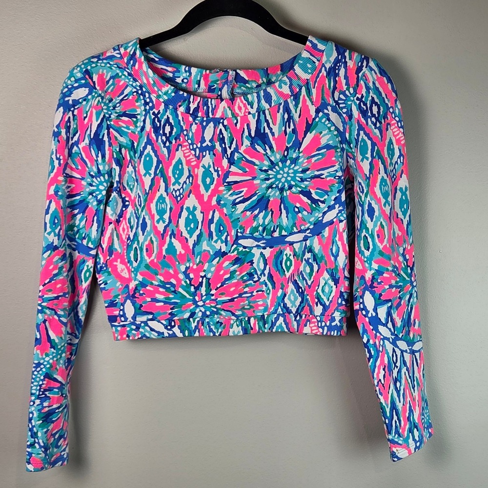 Lilly Pulitzer Cropped Sweatshirt Womens S Pink Blue Excellent Ikat Floral 24888